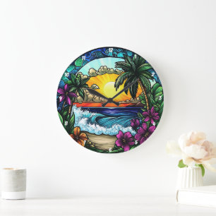 Grande Horloge Ronde Coucher de soleil tropical Oasis Vibrant Mur de pl