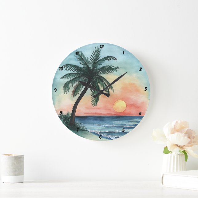 Grande Horloge Ronde Coucher de soleil tropical Palm Ocean Waves (Maison)