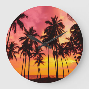 Grande Horloge Ronde Coucher de soleil tropical : Silhouette de palme s