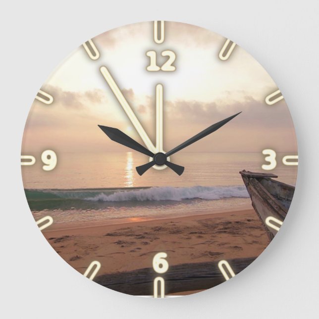 Grande Horloge Ronde Coucher du soleil de ciel d'océan de sable, plage (Recto)