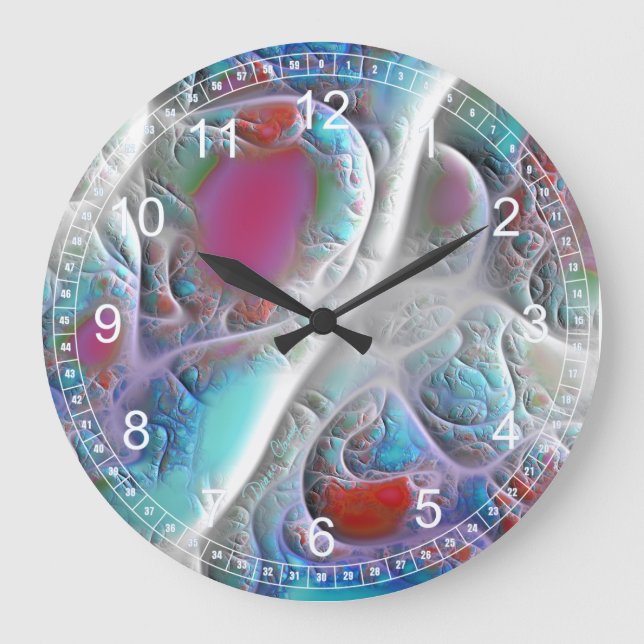 Grande Horloge Ronde Couette bleue et blanche Abstraite - Fractale rose (Recto)