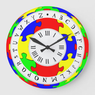 Grande Horloge Ronde Couleur Jigsaw, chiffres romains et alphabet angla