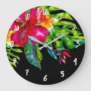 Grande Horloge Ronde Couleur Vif Floral Tropical Hibiscus & Feuilles