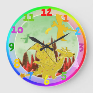 Grande Horloge Ronde Couleurs mignonnes d'arc-en-ciel de dragon de