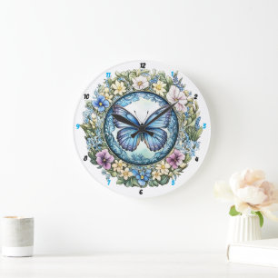 Grande Horloge Ronde Country Garden" - Bleu papillon floral