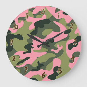 Grande Horloge Ronde Country Pink Green Army Camo Camouflage Pattern
