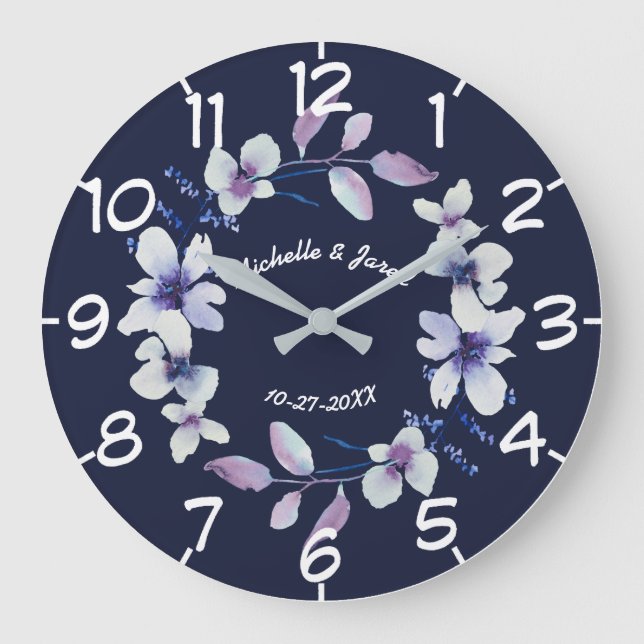 Grande Horloge Ronde Couples Anniversaire Mariage Romantique Floral Wre (Recto)