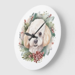 Grande Horloge Ronde Couronne de Noël Caniche Chien de fête