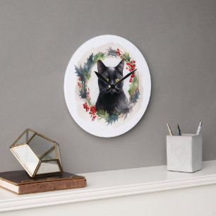 Grande Horloge Ronde Couronne de Noël Chat Noir Kit Félin de Fête