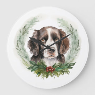 Grande Horloge Ronde Couronne de Noël de Springer Spaniel Chien de fête