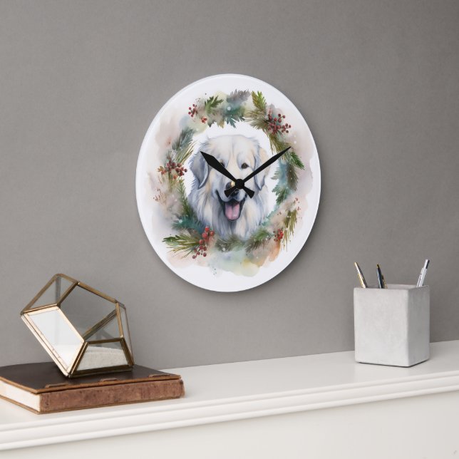 Grande Horloge Ronde Couronne de Noël des Pyrénées majestueuses Chien f (Bureau)