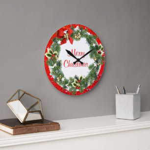 Grande Horloge Ronde Couronne de Noël joyeux avec fêtes de paillettes r