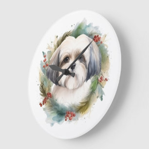 Grande Horloge Ronde Couronne de Noël Malti Tzu Chien de fête