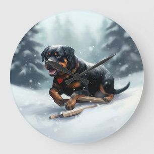 Grande Horloge Ronde Coussin décoratif Rottweiler Noël neige hiver