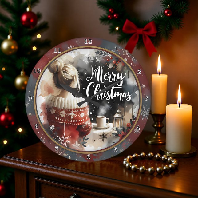Grande Horloge Ronde Cozy Christmas Girl Sweater (Créateur téléchargé)