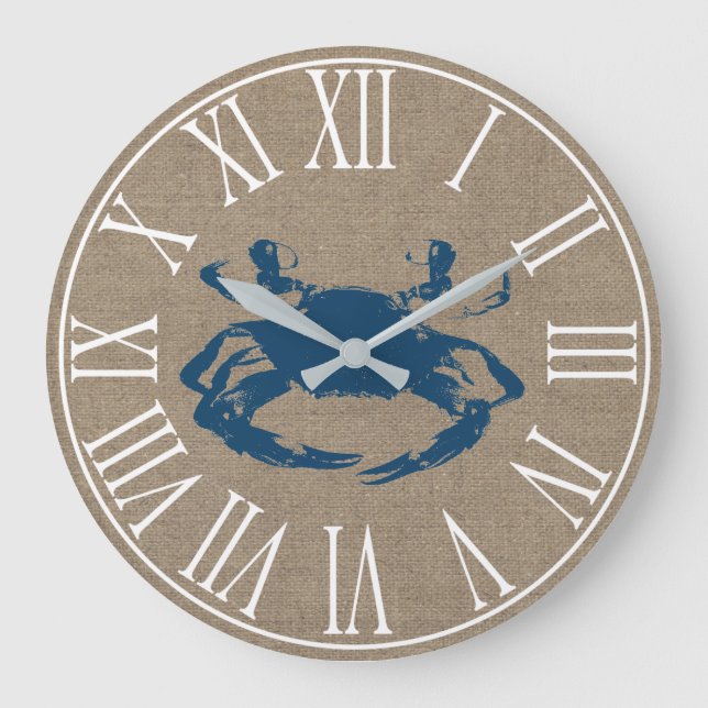 Grande Horloge Ronde Crabe Bleu Côtier & Faux Burlap (Recto)
