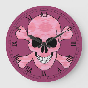 Grande Horloge Ronde Crâne De Camo Rose Et Crossbones Numérique Romain 