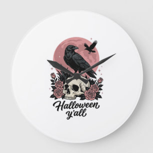 Grande Horloge Ronde Crâne de Corbeau Vintage Halloween Y’all