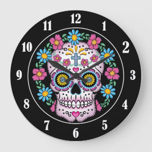 Grande Horloge Ronde Crâne de Dia de los Muertos Sugar