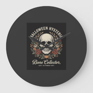 Grande Horloge Ronde Crâne de Halloween Fleurie Os Collecteur Design_1