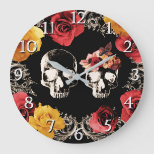 Grande Horloge Ronde Crâne de squelette Rouge Jaune Automne Floral