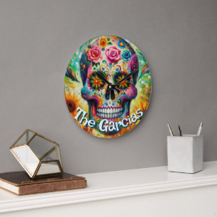 Grande Horloge Ronde Crâne de sucre jour des morts floral personnalisé