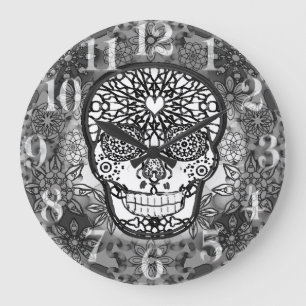 Grande Horloge Ronde Crâne de sucre noir et blanc
