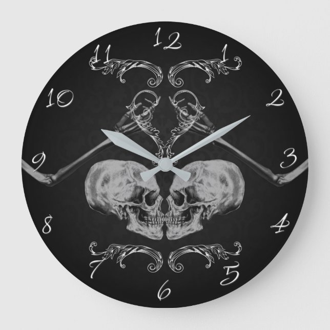 Grande Horloge Ronde "Crâne en amour" Squelettes Vintage Noir (Recto)
