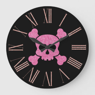 Grande Horloge Ronde Crâne et os croisés en paillettes roses sur fond n