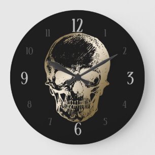 Grande Horloge Ronde Crâne métallisé doré sur fond noir