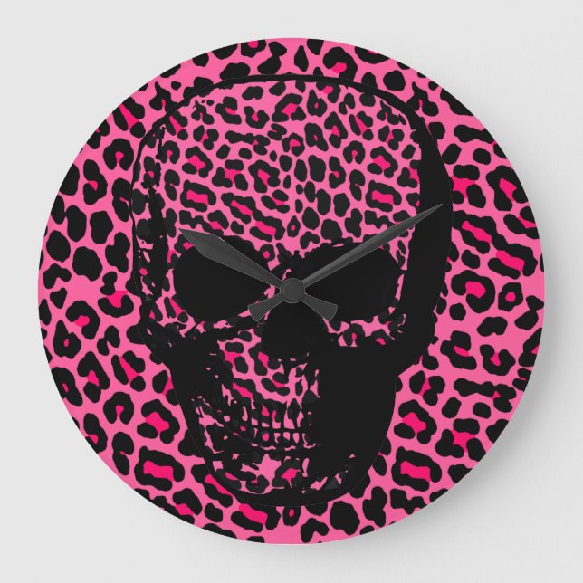Grande Horloge Ronde Crâne punk à peau de léopard rose (Recto)