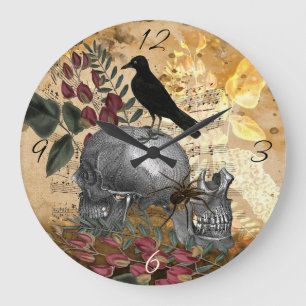 Grande Horloge Ronde Crânes corbeaux et araignée