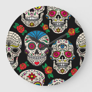 Grande Horloge Ronde Crânes et Roses mexicains : Conception Vintage