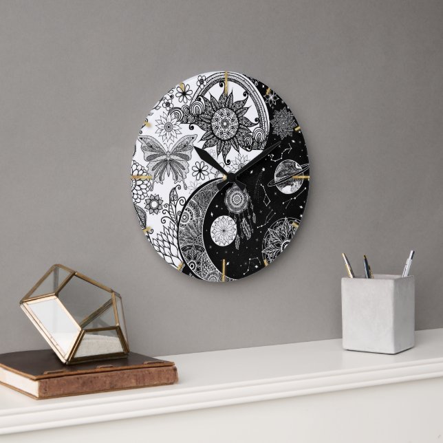 Grande Horloge Ronde Creative Black white Yin Yang Night Day Mandala (Bureau)