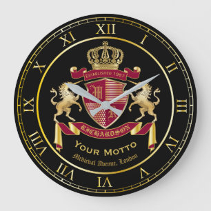 Grande Horloge Ronde Créez votre blason Red Gold Unicorn Emblem