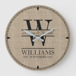 Grande Horloge Ronde Créez votre propre logo Burlap Anniversaire Monogr