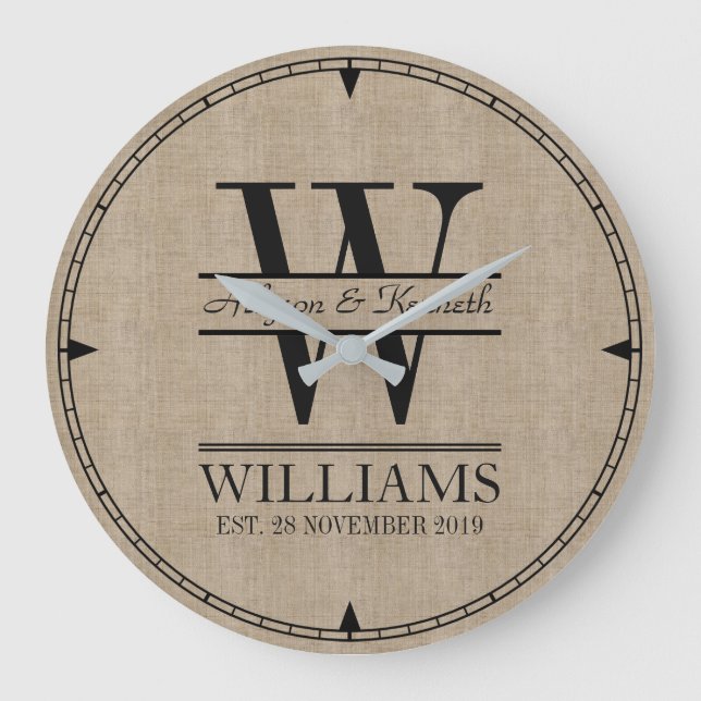Grande Horloge Ronde Créez votre propre logo Burlap Anniversaire Monogr (Recto)