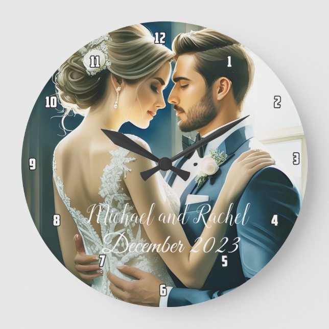 Grande Horloge Ronde Créez votre propre nom personnalisé photo Mariage (Recto)