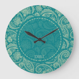 Grande Horloge Ronde Crème Bleu Vert Et Beige Vintage Paisley