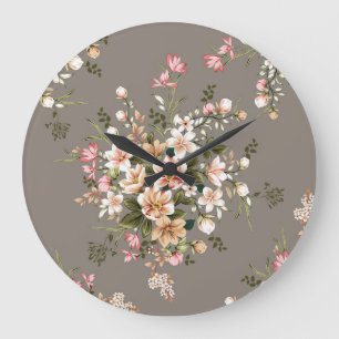 Grande Horloge Ronde Crème, fleurs roses sur gris.