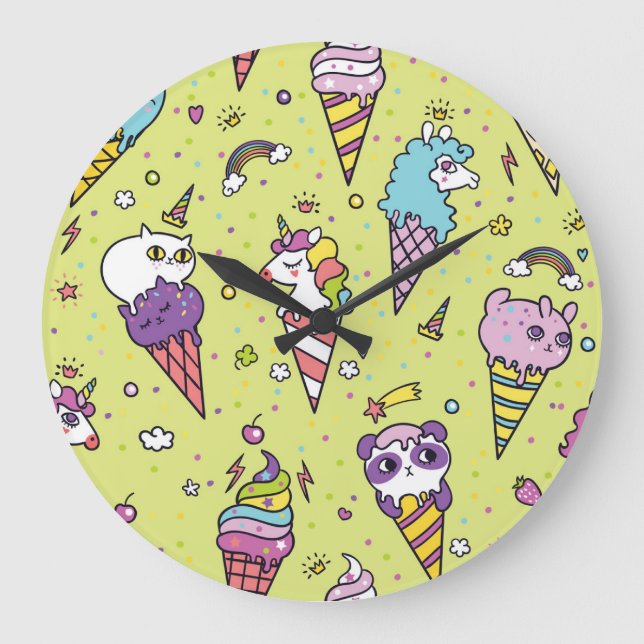 Grande Horloge Ronde Crème glacée Pop Cute : Motif animal (Recto)