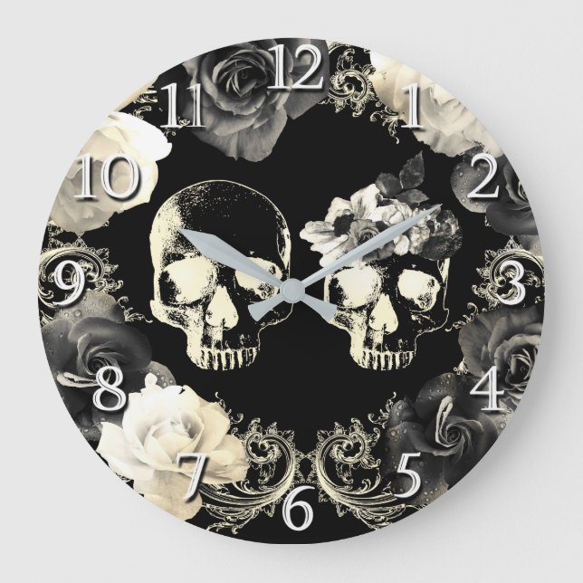 Grande Horloge Ronde Crème noire Gris Squelette Crâne Gothique Glam (Recto)