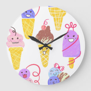 Grande Horloge Ronde Crèmes glacées Kawaii, motif mignon et sans soudur