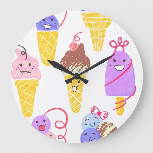 Grande Horloge Ronde Crèmes glacées Kawaii, motif mignon et sans soudur (Recto)