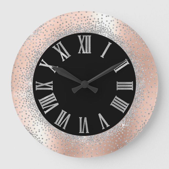 Grande Horloge Ronde Cristaux d'argent gris Rose noir chiffres romains (Recto)