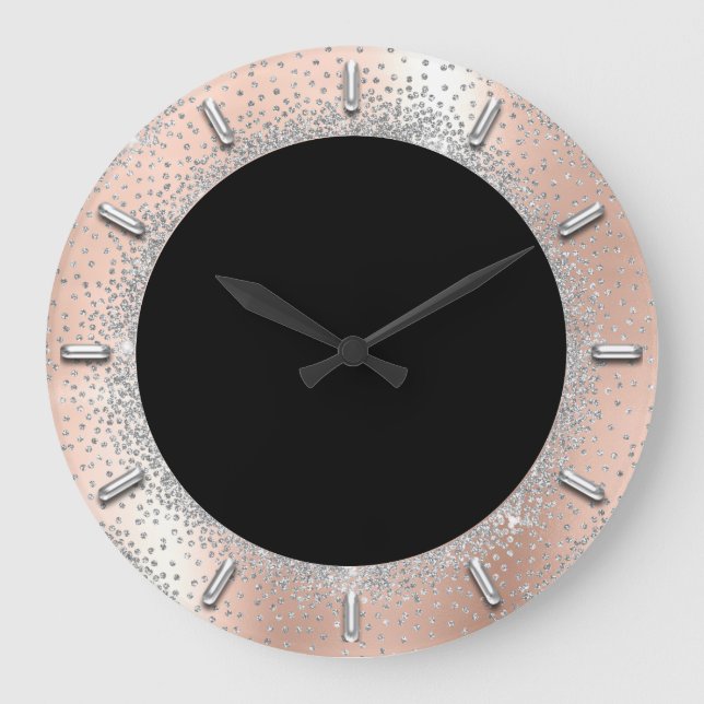 Grande Horloge Ronde Cristaux gris argent Rose noir Abstrait élégant (Recto)
