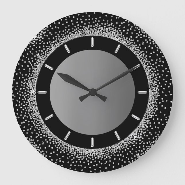 Grande Horloge Ronde Cristaux métalliques gris Parties scintillant gris (Recto)