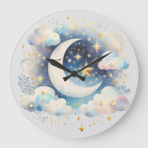 Grande Horloge Ronde Croissant de Lune Céleste Bleu et Blanc Bohème Mod