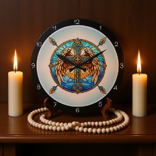 Grande Horloge Ronde Croix ailée aux teintes célestes