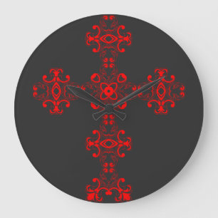 Grande Horloge Ronde Croix avec ornement rouge, Art décoratif sacré